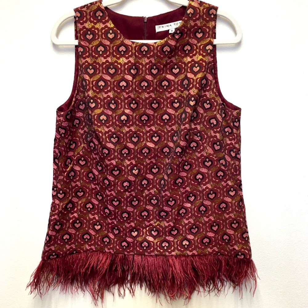 Trina Turk Ena Sleeveless Feather Fringe Blouse 8 Pink Burgundy